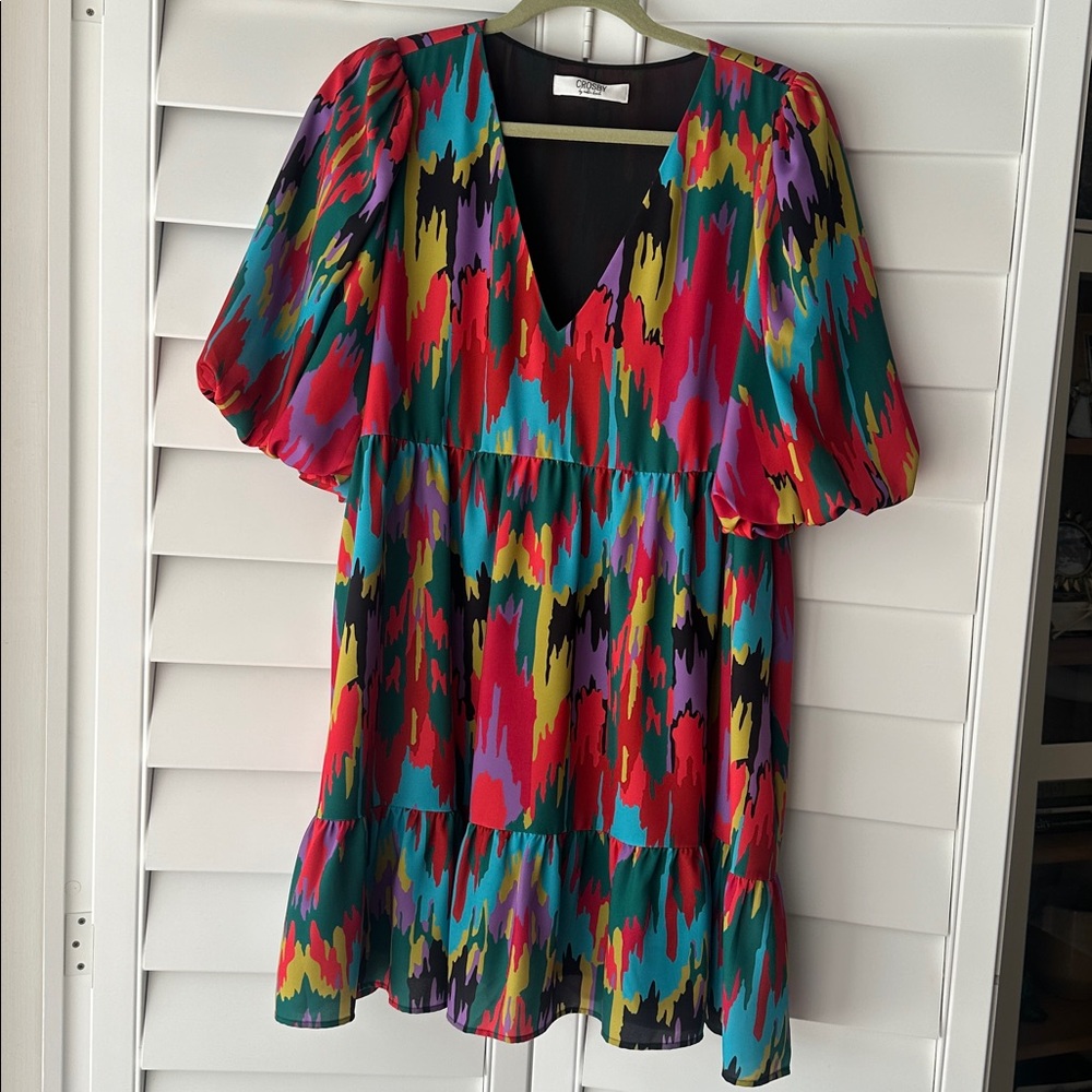 CROSBY by Mollie Burch tiered dress,puff sleeve and colorful brushstroke print